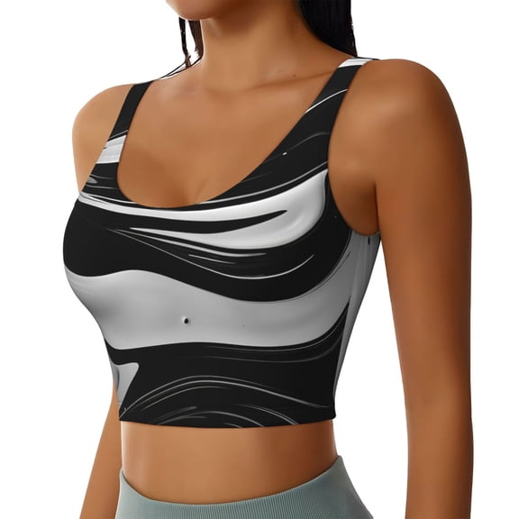 JUNZAN Abstract Black White Swirls Print Women's Workout Tank Tops - U Back Fitness Top with Built-In Shelf Bra, Perfect for Yoga and Gym-Large