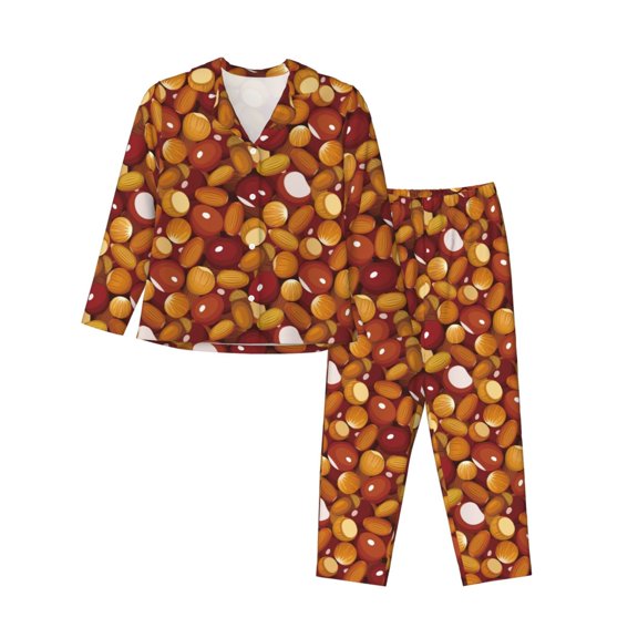 JUNZAN Almond Nuts Print Womens Pajama Sets,Long Sleeve Button Down for Women Pjs 2 piece