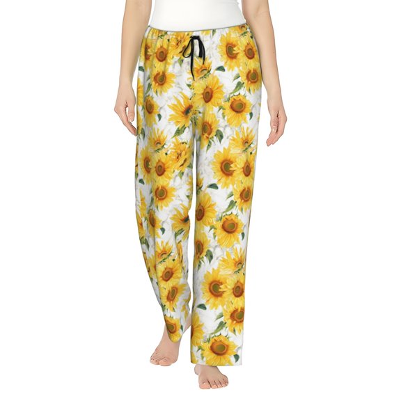 JUNZAN Artistic Marble Pattern Sunflower Women's Pajama Pants Drawstring Comfy Sleep Bottoms with Pockets