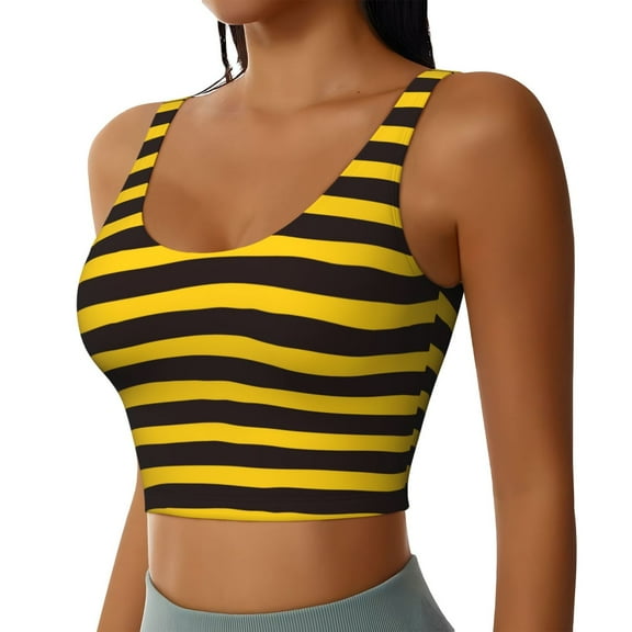 JUNZAN Bee Stripe Print Women's Workout Tank Tops - U Back Fitness Top with Built-In Shelf Bra, Perfect for Yoga and Gym-Medium