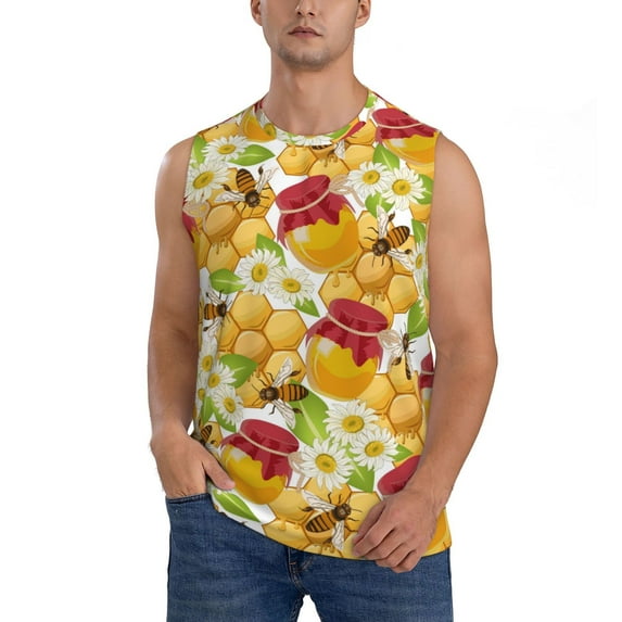 JUNZAN Bees Honeycomb Men's Sleeveless T Shirts,Sleeveless Muscle Shirts,Sizes S-3XL