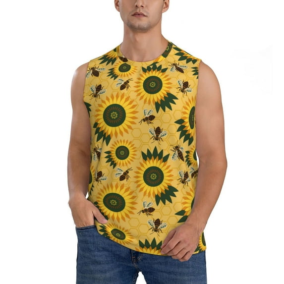 JUNZAN Bees and Sunflowers Men's Sleeveless T Shirts,Sleeveless Muscle Shirts,Sizes S-3XL