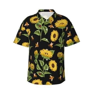 JUNZAN Bees and Sunflowers Pattern Hawaiian Shirt for Men,Summer Beach Casual Short Sleeve Button Down Shirts-Small
