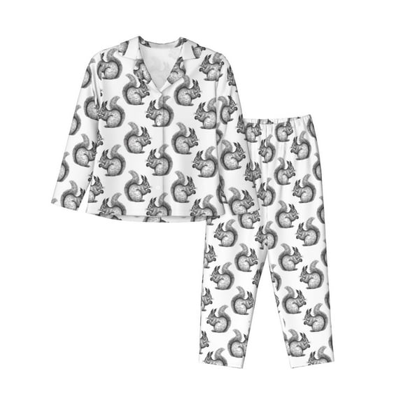 JUNZAN Black Squirrel Print Womens Pajama Sets,Long Sleeve Button Down for Women Pjs 2 piece