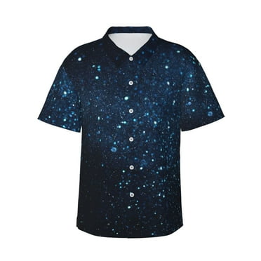 JUNZAN Blue Glitter Retro Pattern Hawaiian Shirt for Men,Summer Beach Casual Short Sleeve Button Down Shirts-Small