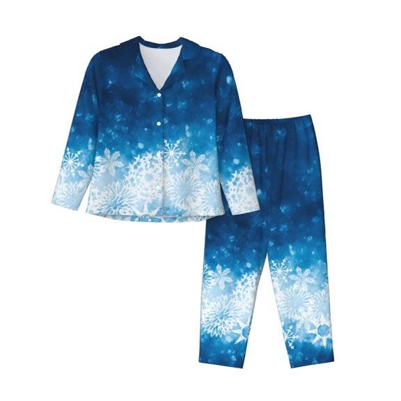 JUNZAN Blue Glitter Sparkles Print Womens Pajama Sets,Long Sleeve Button Down for Women Pjs 2 piece-