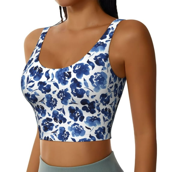JUNZAN Blue Ink Flowers Print Women's Workout Tank Tops - U Back Fitness Top with Built-In Shelf Bra, Perfect for Yoga and Gym-Small