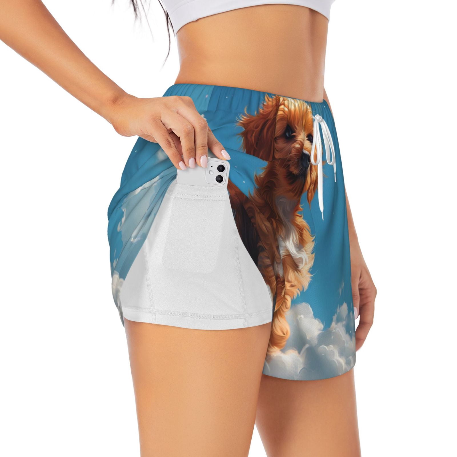 JUNZAN Blue Sky Cloud Puppy Print Women's Athletic Gym Running Shorts ...