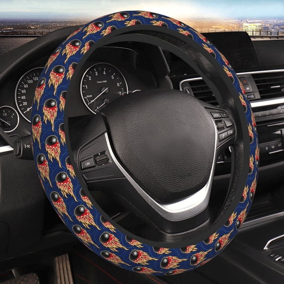 JUNZAN Bowling Ball And Flame Elastic Stretch Steering Wheel Cover Breathable,Anti-Slip,Fit Suvs,Vans,Sedans, Cars,Trucks,Universal Fit