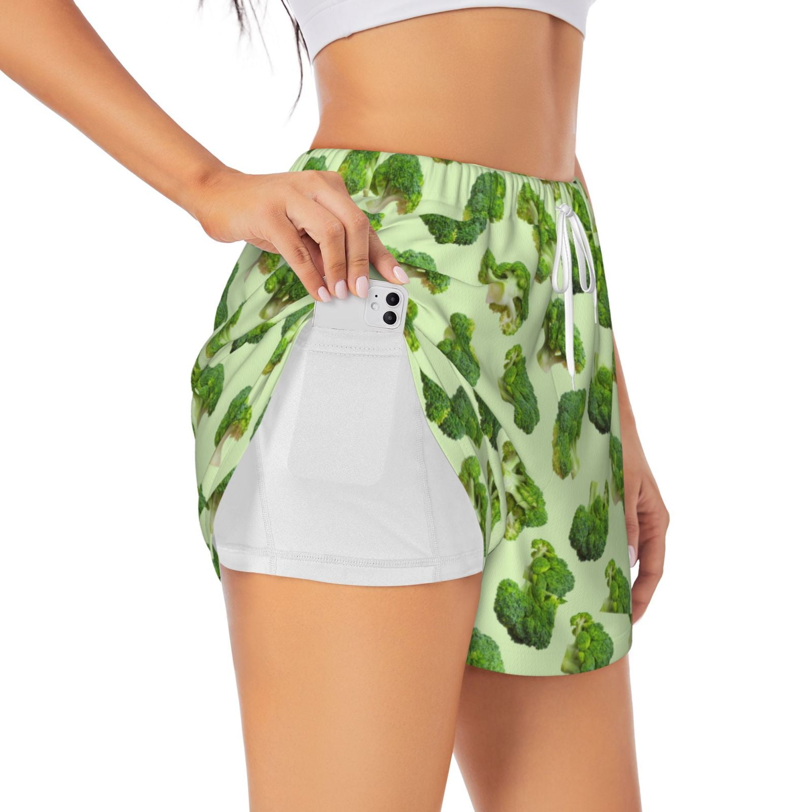 JUNZAN Broccoli 3 Print Women's Athletic Gym Running Shorts with Phone