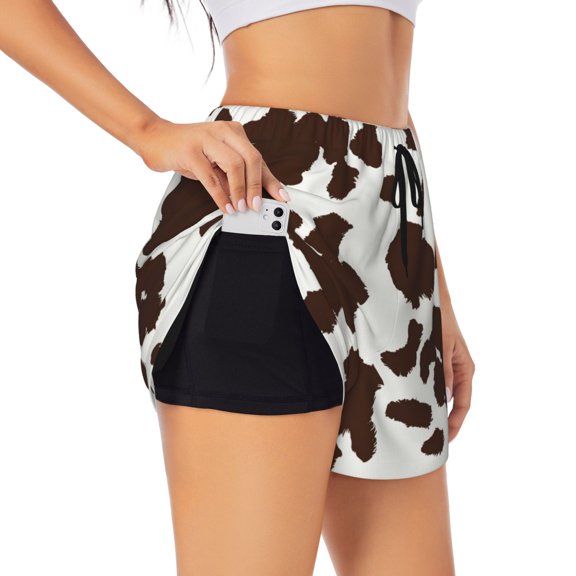 JUNZAN Brown Cow Print Women's Athletic Gym Running Shorts with Phone Pockets - Workout Shorts-Small