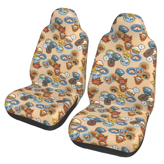 JUNZAN Camp Badge Print 2pcs Seat Covers,Universal Fit Sedans,Cars,Vans,SUV,Truck