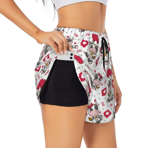 JUNZAN Caring Cow Print Women's Athletic Gym Running Shorts with Phone Pockets - Workout Shorts-Medium