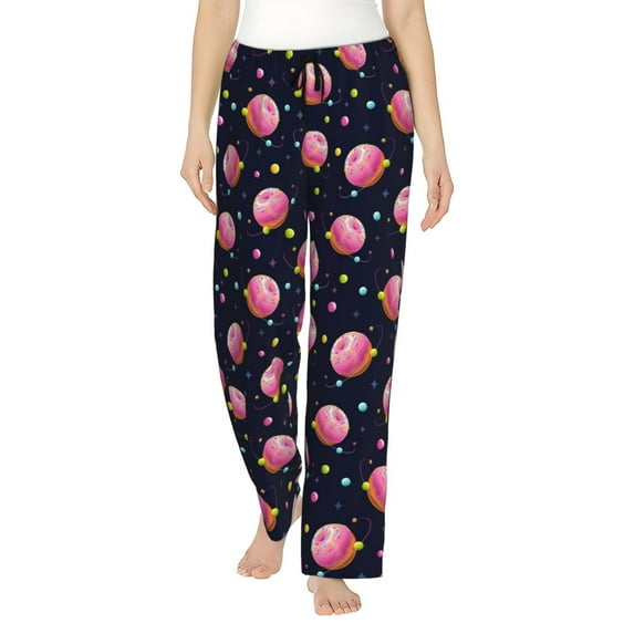 JUNZAN Cartoon Donut Planets Women's Pajama Pants Drawstring Comfy Sleep Bottoms with Pockets
