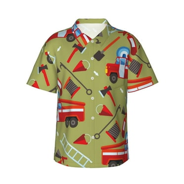 JUNZAN Cartoon Fire Truck Pattern Hawaiian Shirt for Men,Summer Beach Casual Short Sleeve Button Down Shirts-Small