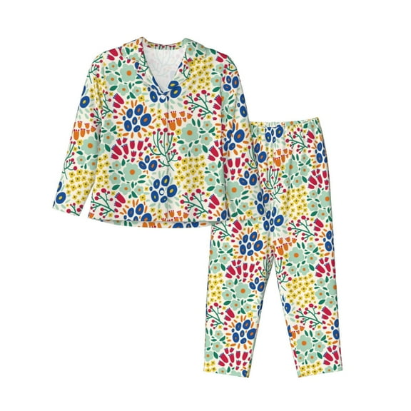 JUNZAN Cartoon Flowers Print Womens Pajama Sets,Long Sleeve Button Down for Women Pjs 2 piece