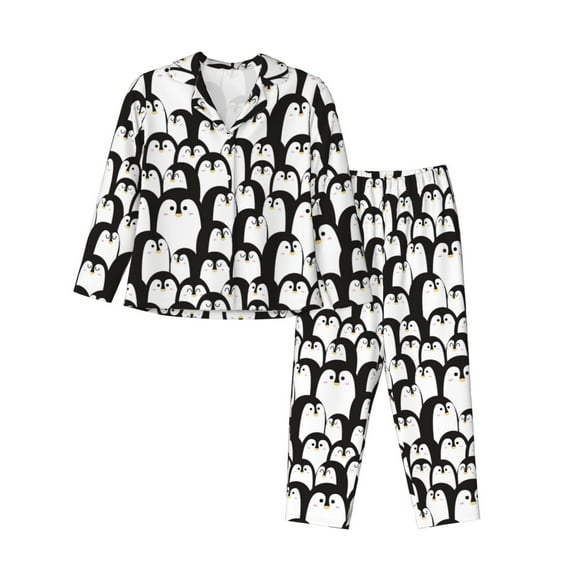 JUNZAN Cartoon Penguin Print Womens Pajama Sets,Long Sleeve Button Down for Women Pjs 2 piece
