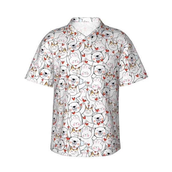 JUNZAN Cat Bear Rabbit Pattern Hawaiian Shirt for Men,Summer Beach Casual Short Sleeve Button Down Shirts-Large