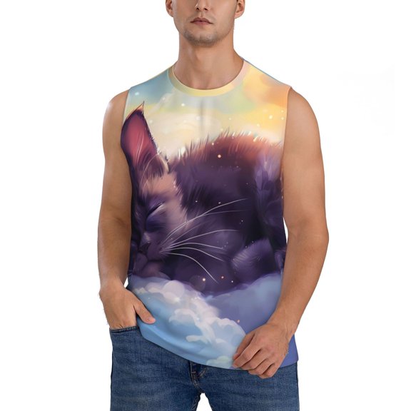 JUNZAN Colorful Cloud Sleeping Cat Men's Sleeveless T Shirts,Sleeveless Muscle Shirts,Sizes S-3XL