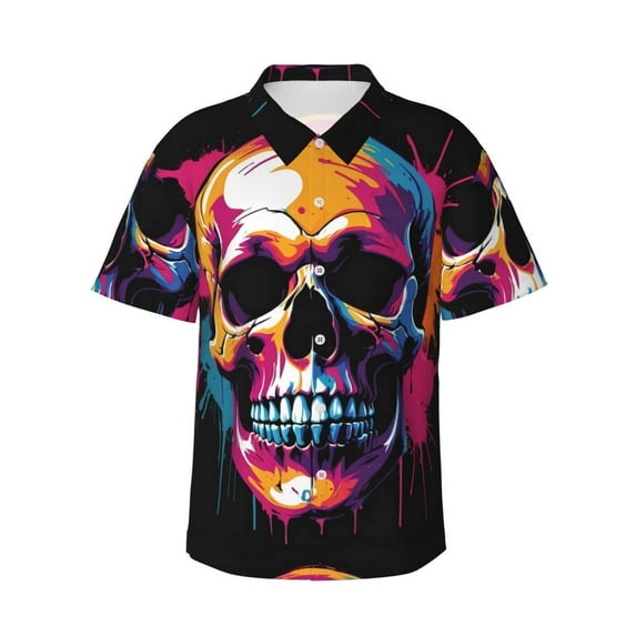 JUNZAN Colorful Skull Pattern Hawaiian Shirt for Men,Summer Beach Casual Short Sleeve Button Down Shirts-Medium