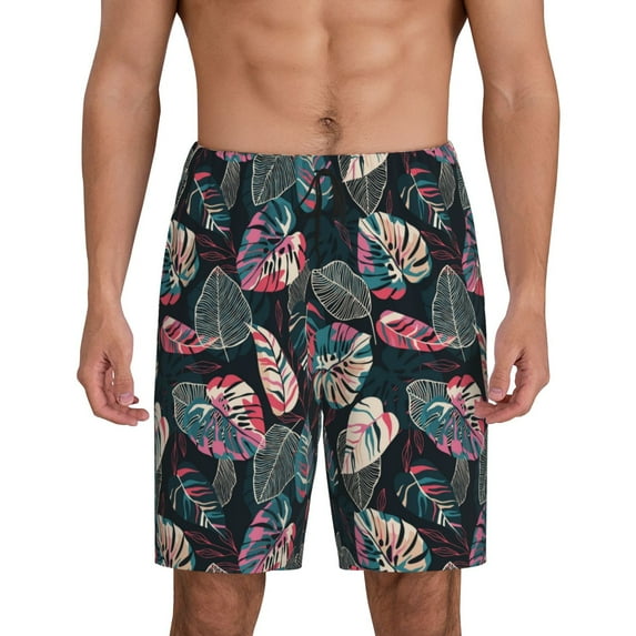 JUNZAN Colorful Tropical Leaves Pattern Sleep Pajama Shorts for Men,Men's Pajama Bottoms,Sleepwear,Pj Shorts