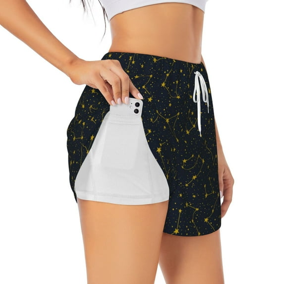 JUNZAN Constellation Print Women's Athletic Gym Running Shorts with Phone Pockets - Workout Shorts-XX-Large