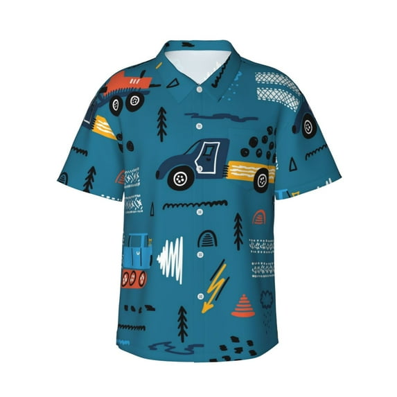 JUNZAN Construction Trucks Pattern Hawaiian Shirt for Men,Summer Beach Casual Short Sleeve Button Down Shirts-XX-Large
