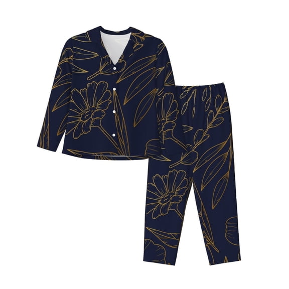 JUNZAN Copper-Gold Gloss Outline Flower Print Womens Pajama Sets,Long Sleeve Button Down for Women Pjs 2 piece-Medium