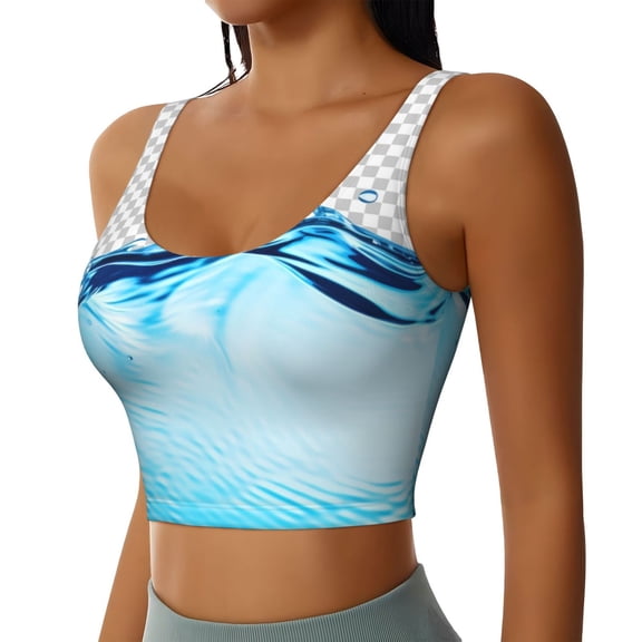 JUNZAN Crystal Clear Water Splash Print Women's Workout Tank Tops - U Back Fitness Top with Built-In Shelf Bra, Perfect for Yoga and Gym-Medium