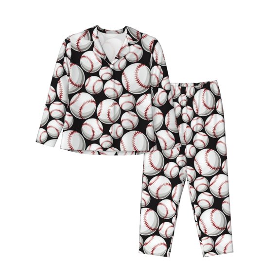JUNZAN Cute Baseball Print Womens Pajama Sets,Long Sleeve Button Down for Women Pjs 2 piece