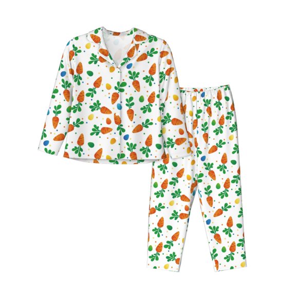 JUNZAN Cute Carrot Print Womens Pajama Sets,Long Sleeve Button Down for Women Pjs 2 piece