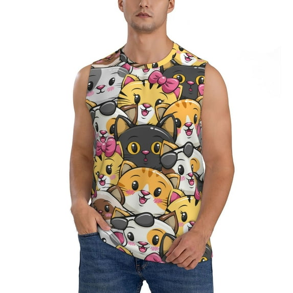 JUNZAN Cute Cat Cartoon Men's Sleeveless T Shirts,Sleeveless Muscle Shirts,Sizes S-3XL