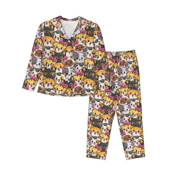 JUNZAN Cute Cat Print Womens Pajama Sets,Long Sleeve Button Down for Women Pjs 2 piece