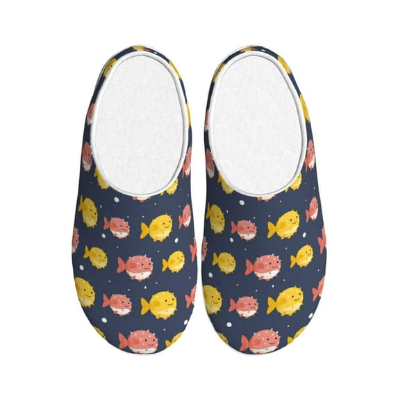 JUNZAN Cute Puffer Fish Print Cozy Slippers for Men& Women,Fuzzy Slip-on Slippers TPR Sole Slippers Plush Lining House Shoes for Indoor & Outdoor-39/40