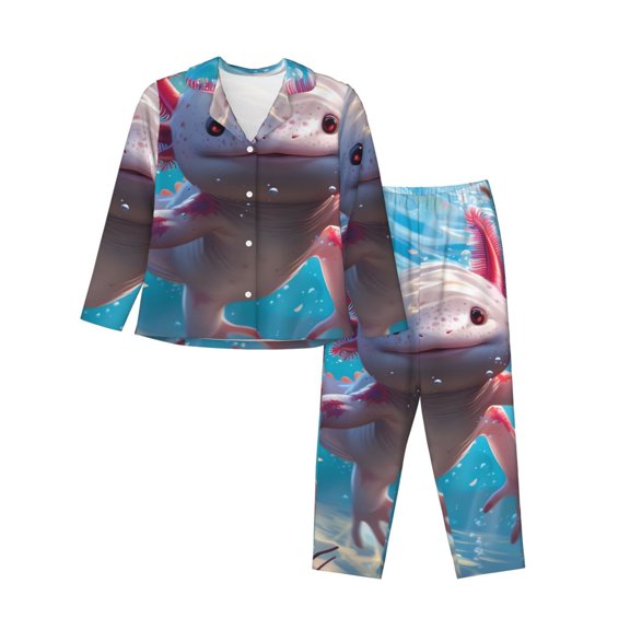 JUNZAN Cute Underwater Axolotl Print Womens Pajama Sets,Long Sleeve Button Down for Women Pjs 2 piece