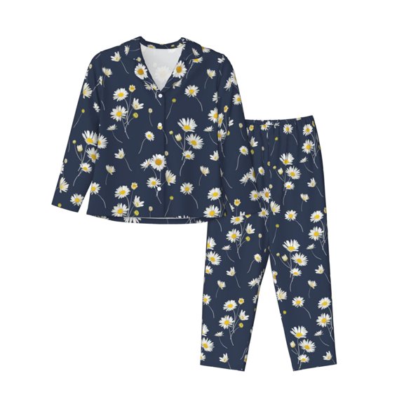 JUNZAN Daisies Flowers Print Womens Pajama Sets,Long Sleeve Button Down for Women Pjs 2 piece