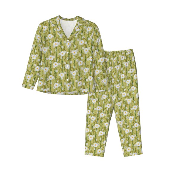 JUNZAN Daisies Flowers Print Womens Pajama Sets,Long Sleeve Button Down for Women Pjs 2 piece