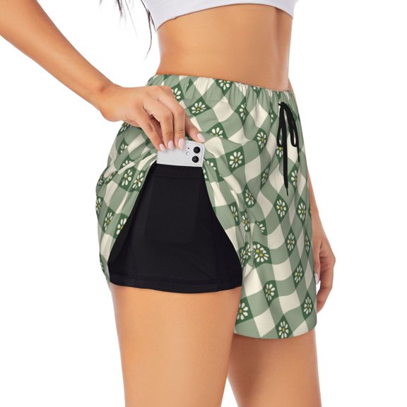 JUNZAN Daisy Plaid Green Print Women's Athletic Gym Running Shorts with Phone Pockets - Workout Shorts-Small