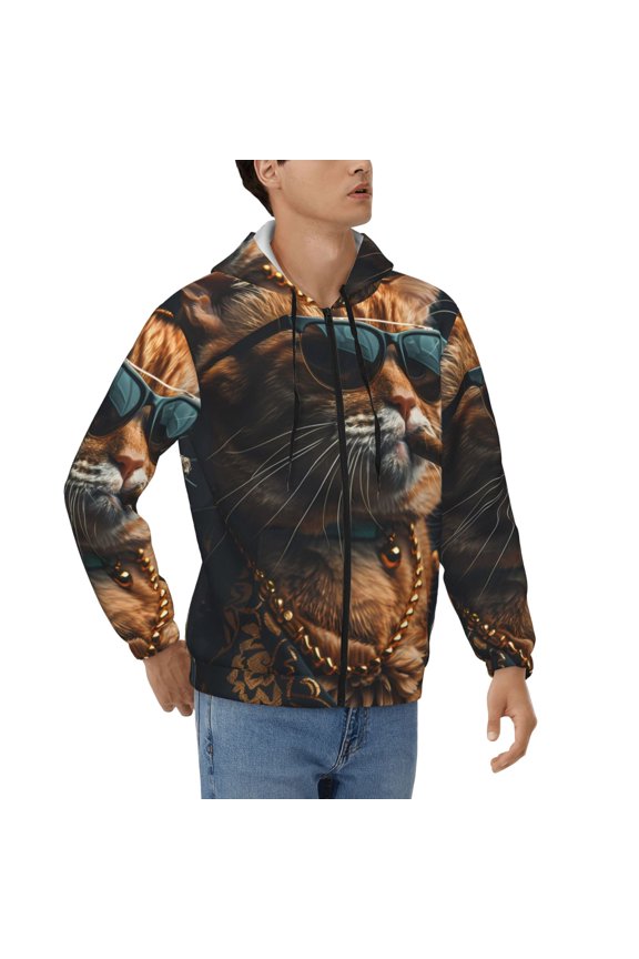 Dapper Cat in Sunglasses Print Men's Zip Up Hoodie Athletic Hoodies Long Sleeve Hooded Sweatshirts With Pockets (S-3XL)