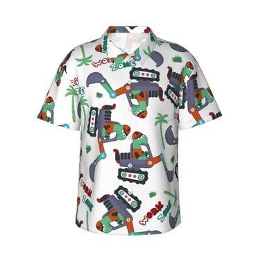 JUNZAN Dinosaur on Excavator2 Pattern Hawaiian Shirt for Men,Summer Beach Casual Short Sleeve Button Down Shirts-Small
