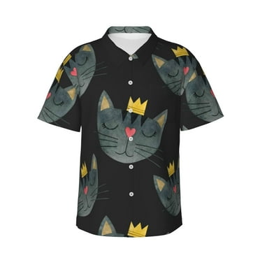 JUNZAN Faces Of The Cat Pattern Hawaiian Shirt for Men,Summer Beach Casual Short Sleeve Button Down Shirts-Small