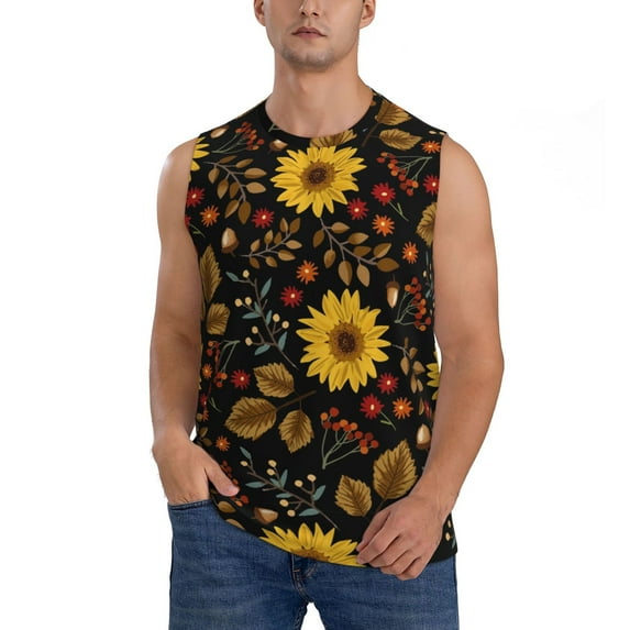 JUNZAN Fall Sunflowers Leaves Men's Sleeveless T Shirts,Sleeveless Muscle Shirts,Sizes S-3XL