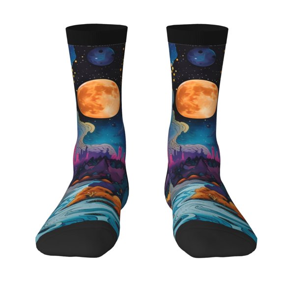 JUNZAN Fantasy Cosmic Landscape Mens Funny Socks for Men Women Colorful Fun Novelty Crew Patterned Socks