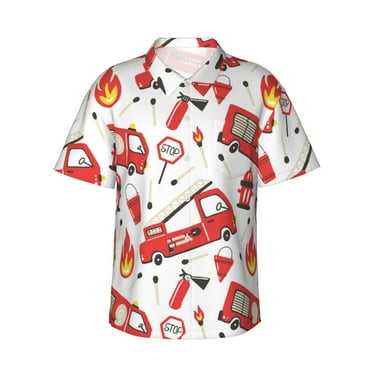 JUNZAN Fire Truck Pattern Hawaiian Shirt for Men,Summer Beach Casual Short Sleeve Button Down Shirts-Medium
