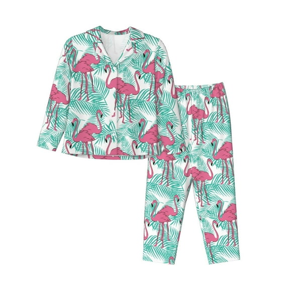 JUNZAN Flamingo Print Womens Pajama Sets,Long Sleeve Button Down for Women Pjs 2 piece