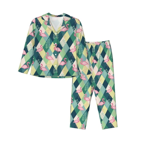 JUNZAN Flamingo Print Womens Pajama Sets,Long Sleeve Button Down for Women Pjs 2 piece