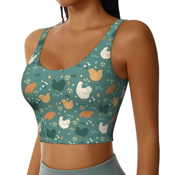 JUNZAN Flowe Rooster Print Women's Workout Tank Tops - U Back Fitness Top with Built-In Shelf Bra, Perfect for Yoga and Gym-Small