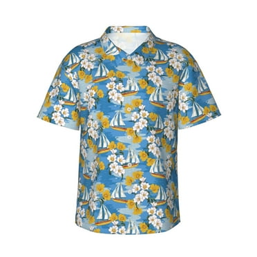 JUNZAN Flower and Sail Boat Pattern Hawaiian Shirt for Men,Summer Beach Casual Short Sleeve Button Down Shirts-Small