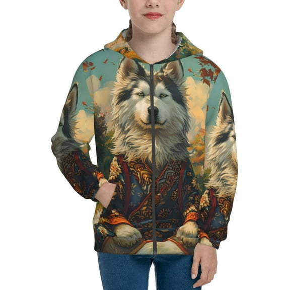 JUNZAN Forest Maple Leaf Husky Print Kids Zip Up Hoodies Long Sleeve for Boys or Girls Casual Oversized Jackets with Pocket Loose Tops- Small