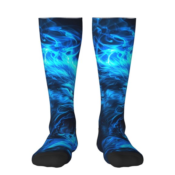 JUNZAN Fun Novelty Knee Warmer High Socks Blue Fire Wolf Design